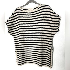 Tory Burch Nautical Boat Neck Navy Cream Striped Short Sleeve Sweater. Small